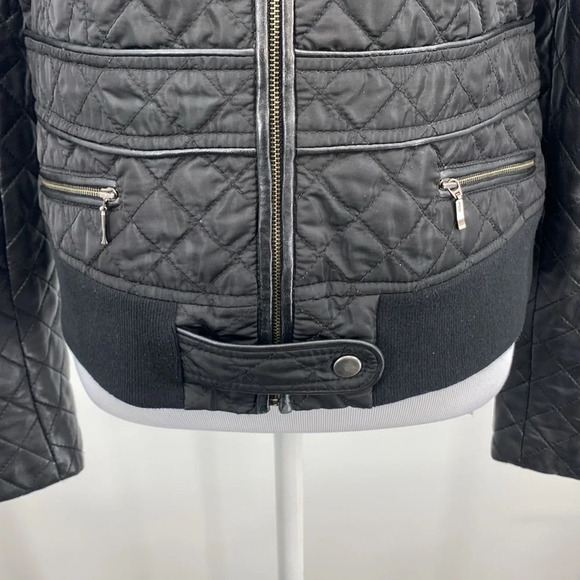 Teenflo Jacket Womens 10 Black Quilted Zip Up Winter Faux Leather Moto Mock Neck - Picture 2 of 13